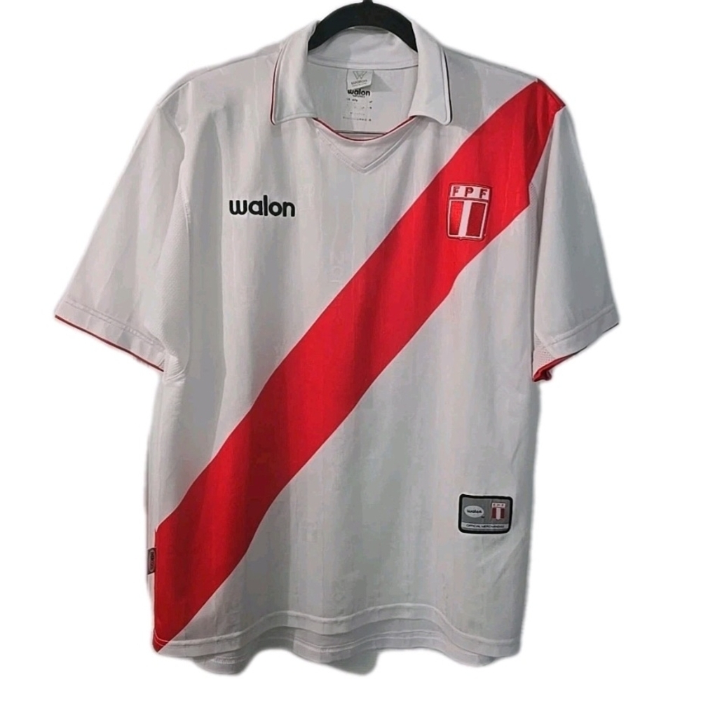 Walon Peru #7 Solano Soccer Jersey Adult Size Large White Red Stripe FPF Futbol‎
